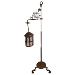 Antique Wrought Iron and Bronze Floor Lamp with Brass Lantern