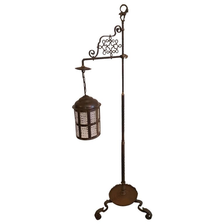 Antique Wrought Iron and Bronze Floor Lamp with Brass Lantern at 1stDibs
