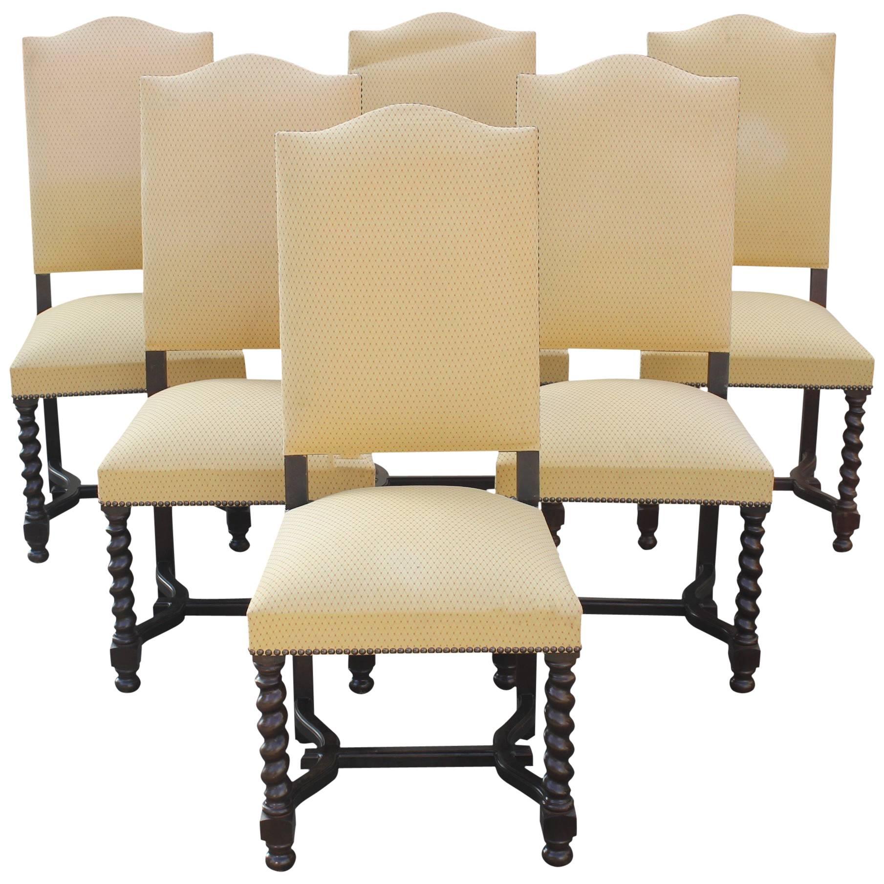 Set of Six Louis XIII Style Barley Twist Solid Walnut Dining Chairs, 1880s