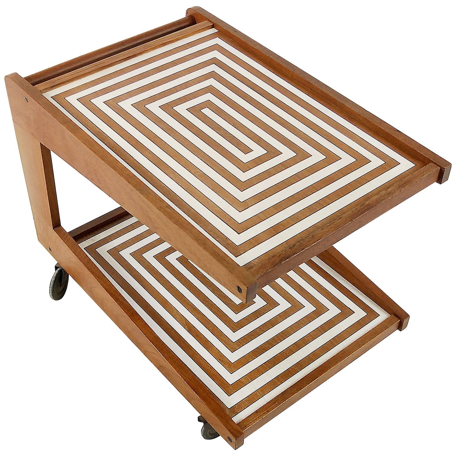 Midcentury Teak Bar Cart with Labyrinth Pattern, 1960s