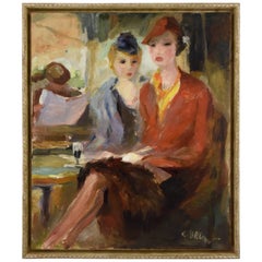 Art Deco Painting of Two Elegant Ladies on a Terrace Signed C. Brunt 1938 France