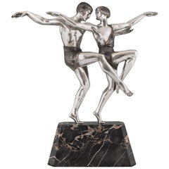 Art Deco Silvered Bronze Sculpture of a Dancing Couple by Pierre Le Faguays 1930