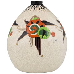 Vase globe Art Déco craquelé et émaillé Orchies, France, 1930