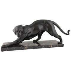 Art Deco Sculpture of a Panther Plagnet on Marble Base, France, 1930