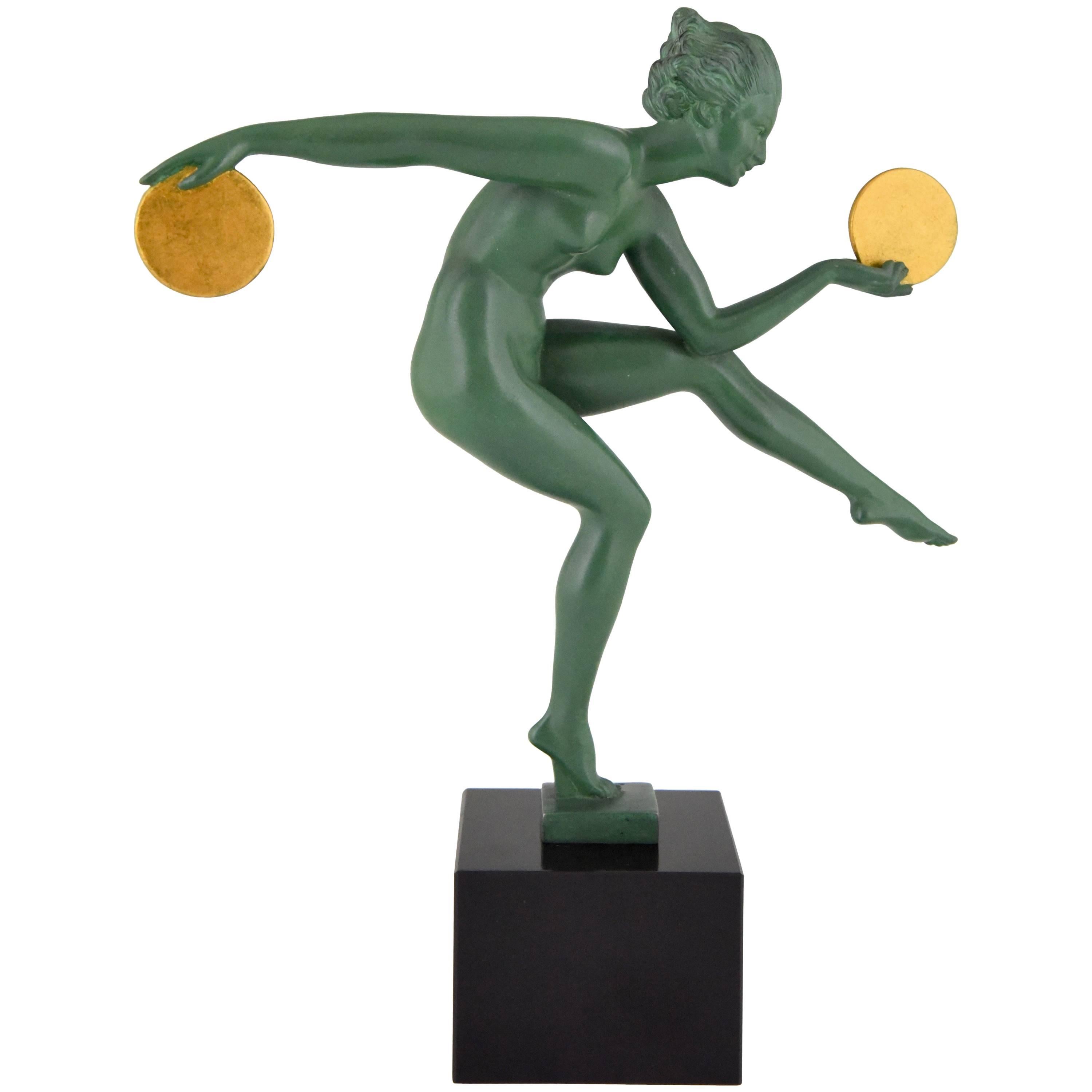 Art Deco Sculpture Nude Dancer with Discs by Marcel Bouraine, Derenne, 1930