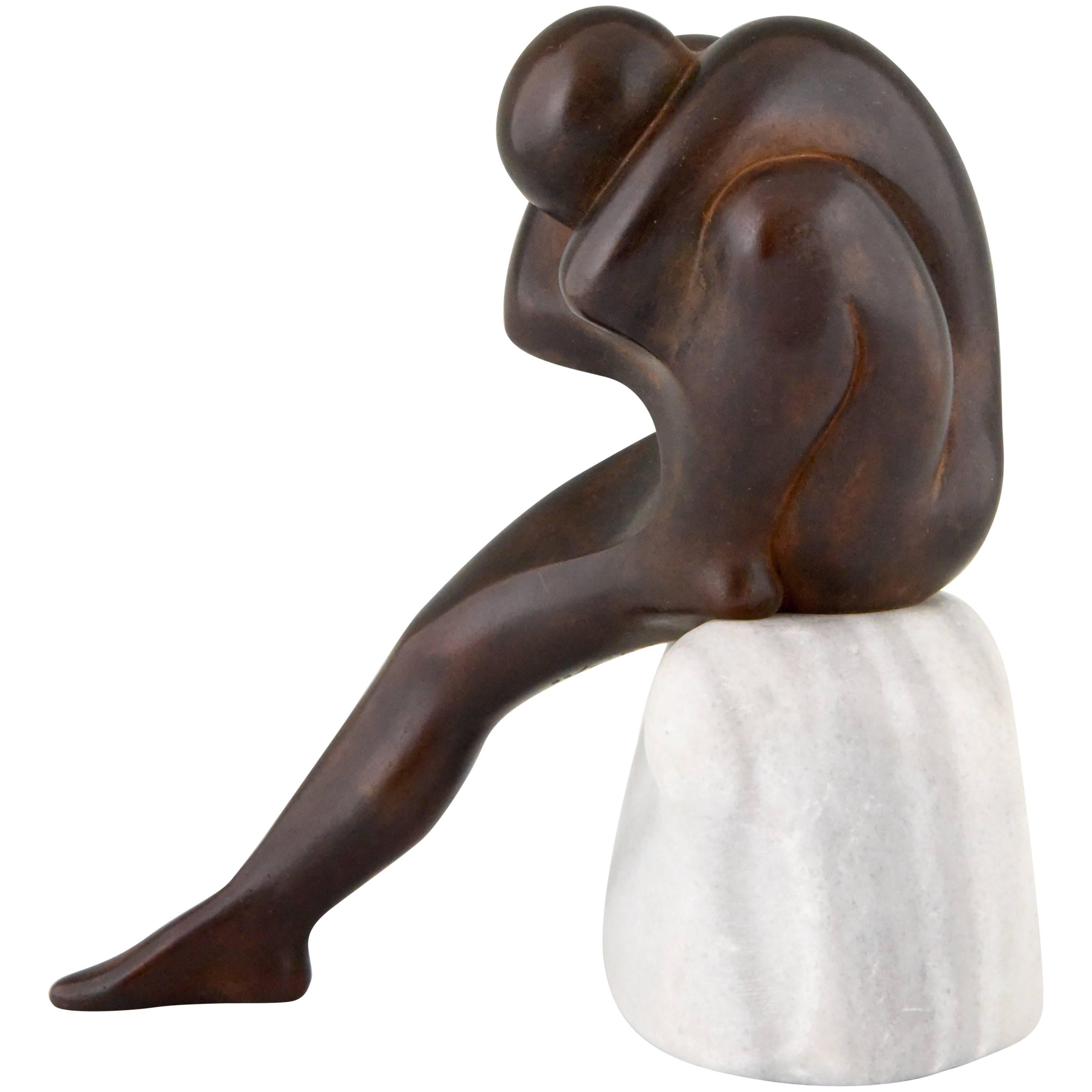 L' Uomo, Bronze Sculpture of a Sitting Man Marble Base by Selvino Cavezza, 1985