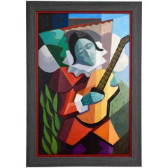 Retro Art Deco Cubist Painting Harlequin with Guitar Aldo Bertolacci, 1930