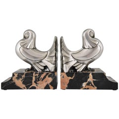 Art Deco Silvered Bronze Dove Bookends by Scribe Marble Base, France, 1930