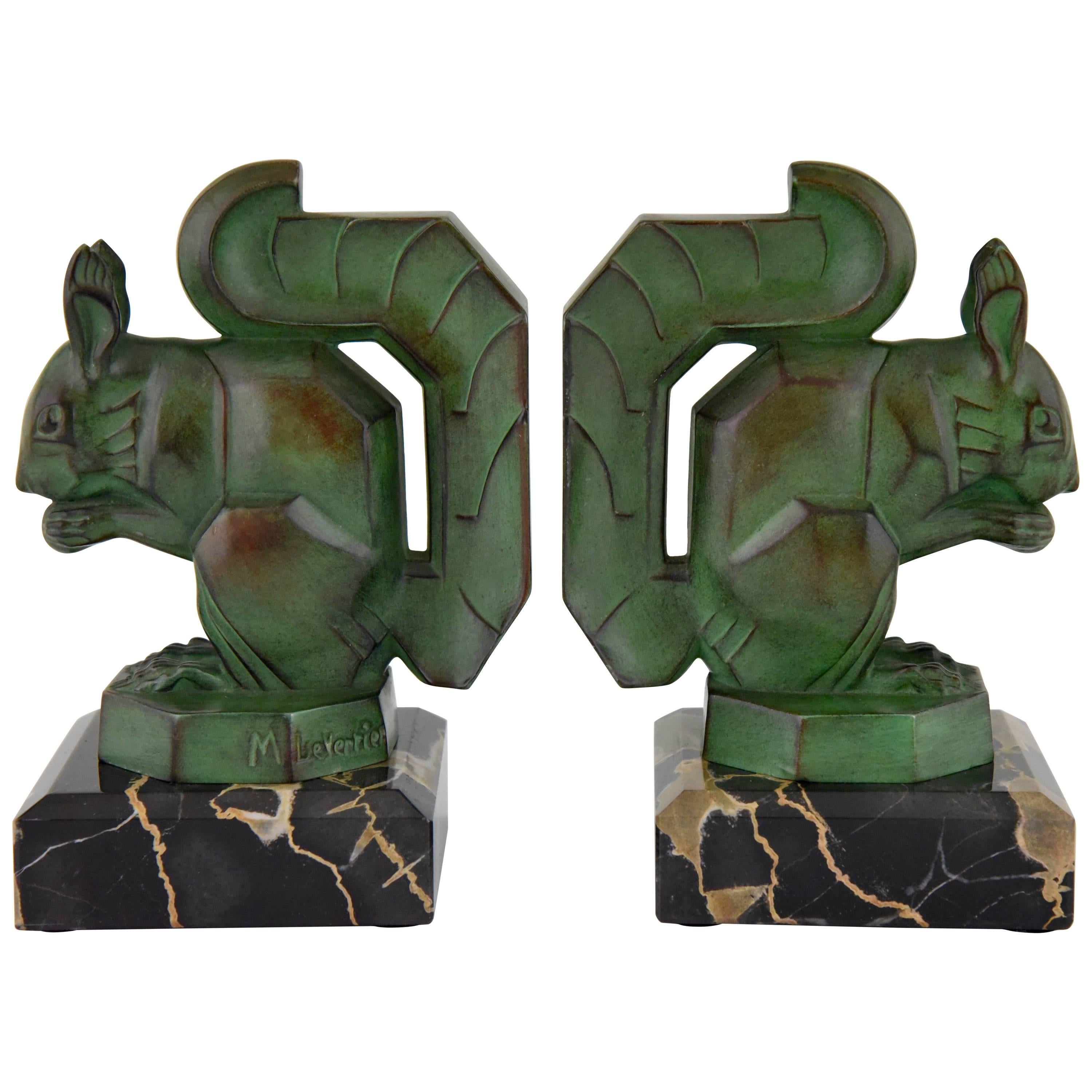 Art Deco Squirrel Bookends by Max Le Verrier on Marble Base France, 1930