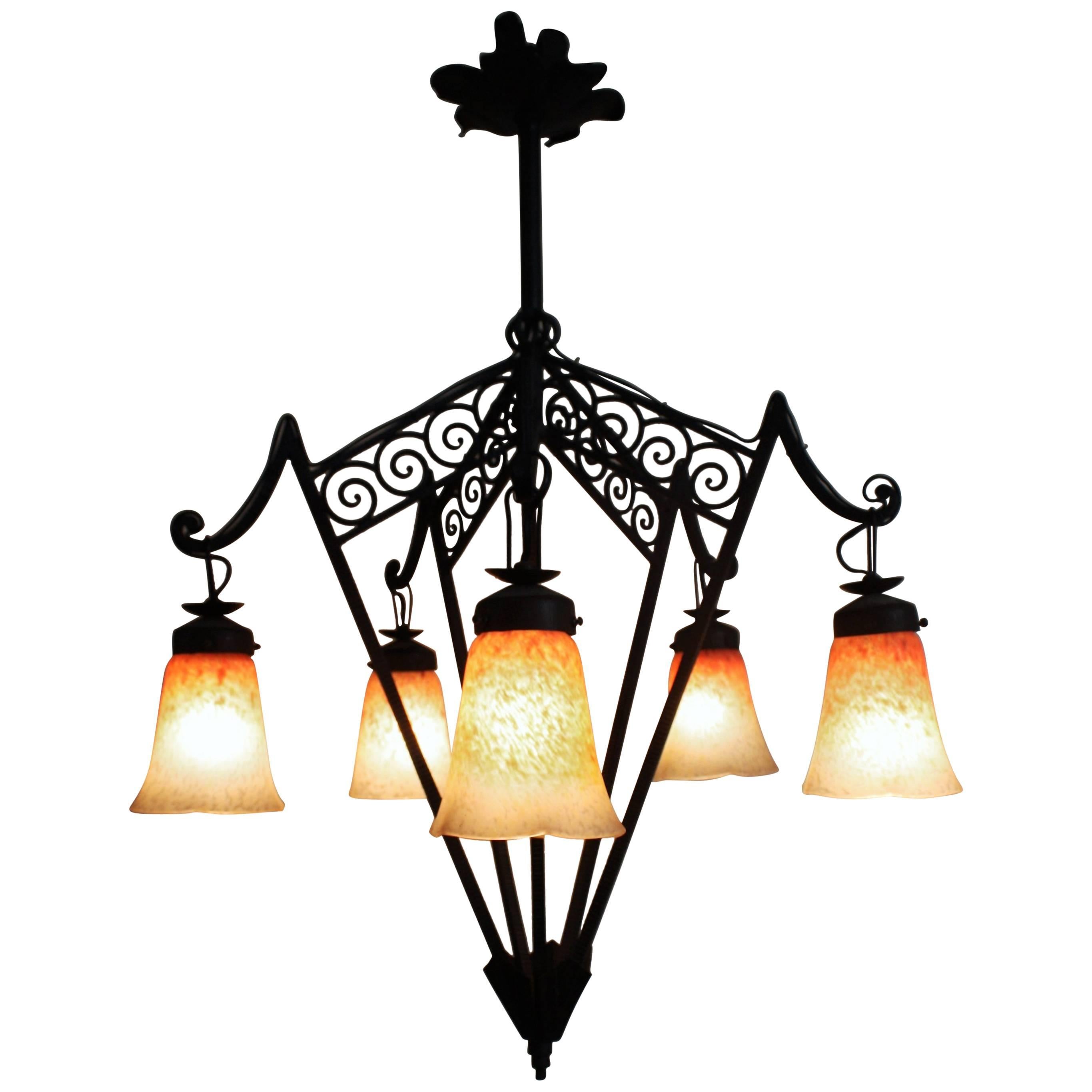 French Art Deco Wrought Iron and Glass Chandelier, circa 1925
