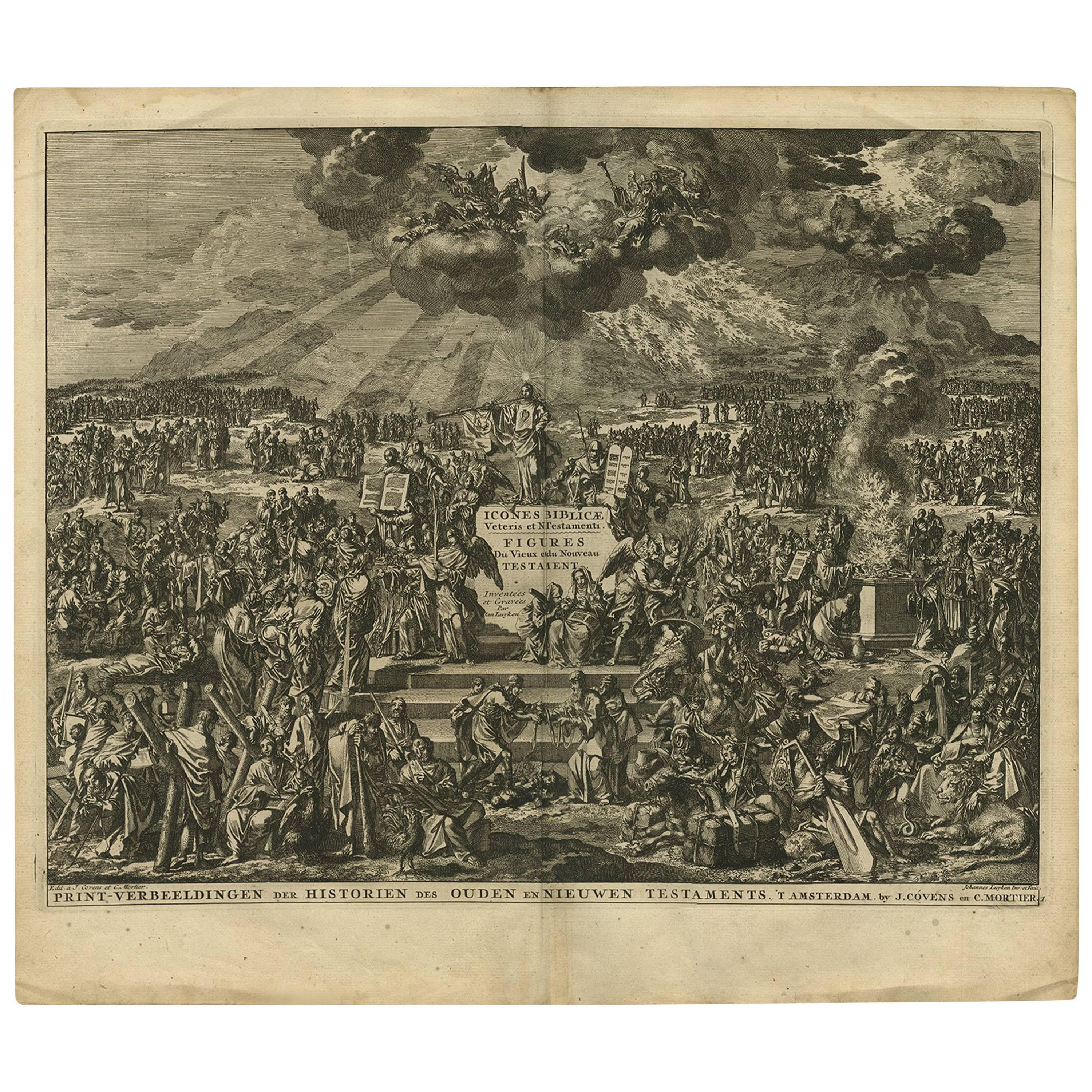 Original Antike Gravur eines Frontispieces einer Bibel von J. Luyken, 1743 im Angebot
