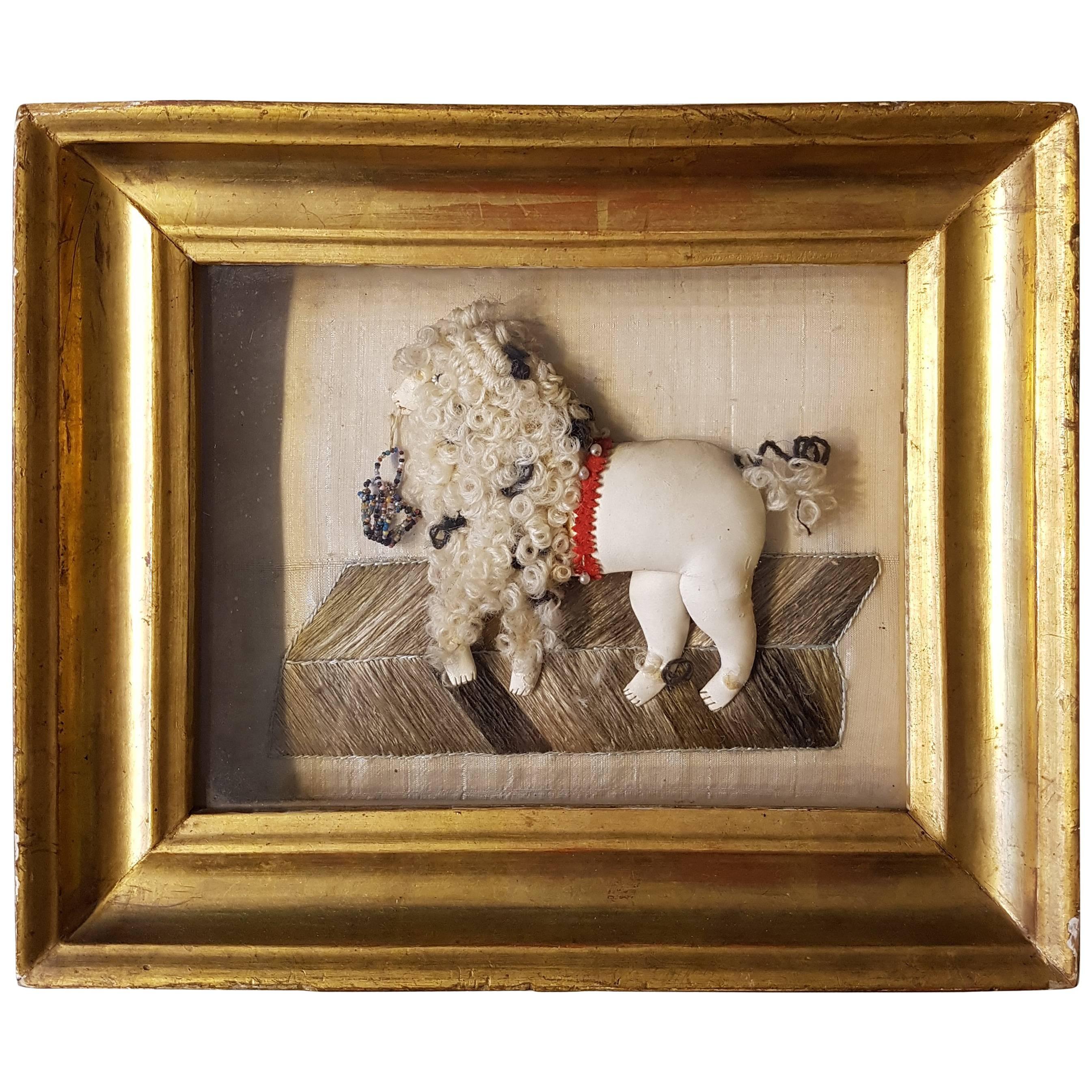 Late 19th Century French Framed Curiosity, Poodle Made of Leather, Wool, Pearls For Sale