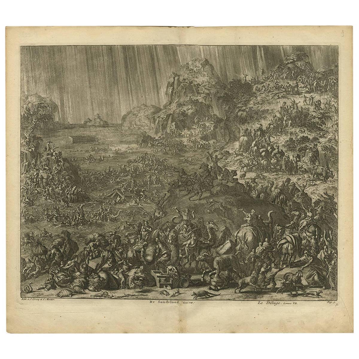 Antique Bible Print The great Flood by J. Luyken, 1743