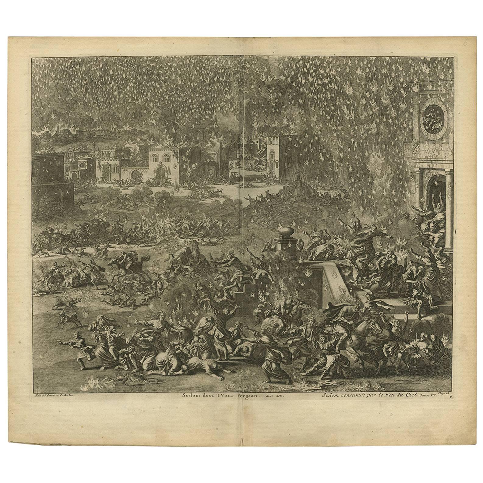 Antiker antiker Bibeldruck Die Zerstörung der Sodom von J. Luyken '1743'