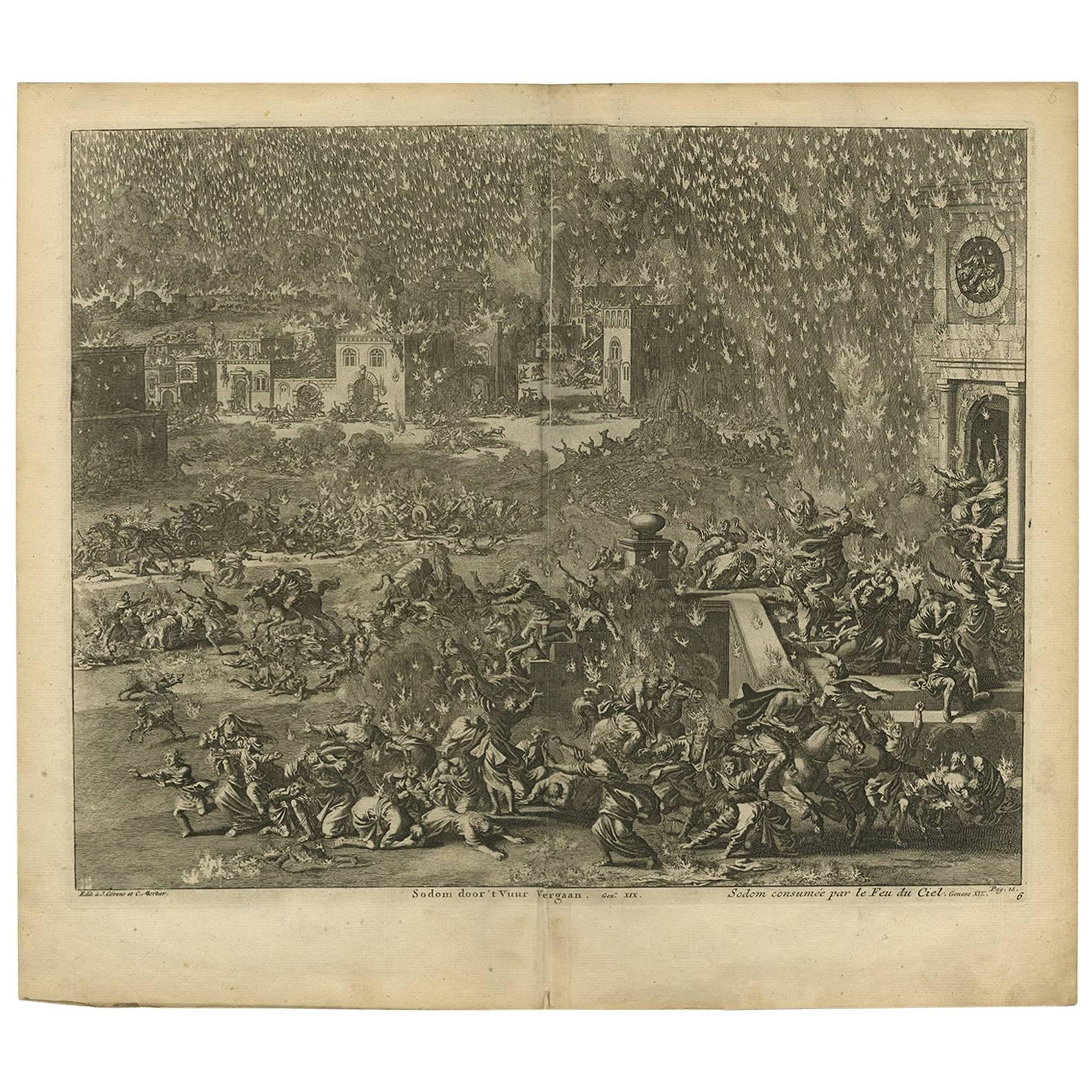Antiguo grabado bíblico La destrucción de Sodoma por J. Luyken '1743'