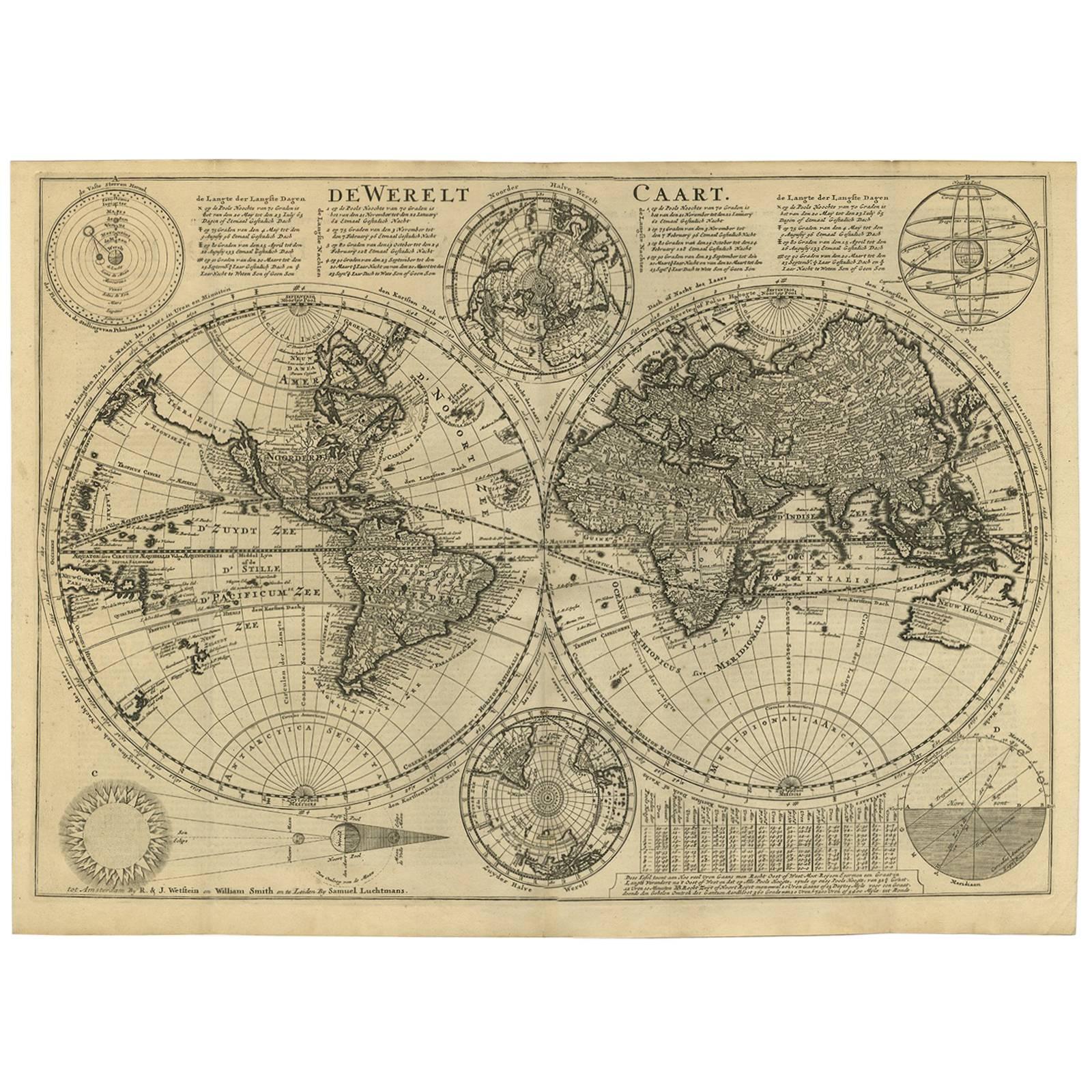 Antique Bible World Map by R. & J. Wetstein, 1743 For Sale