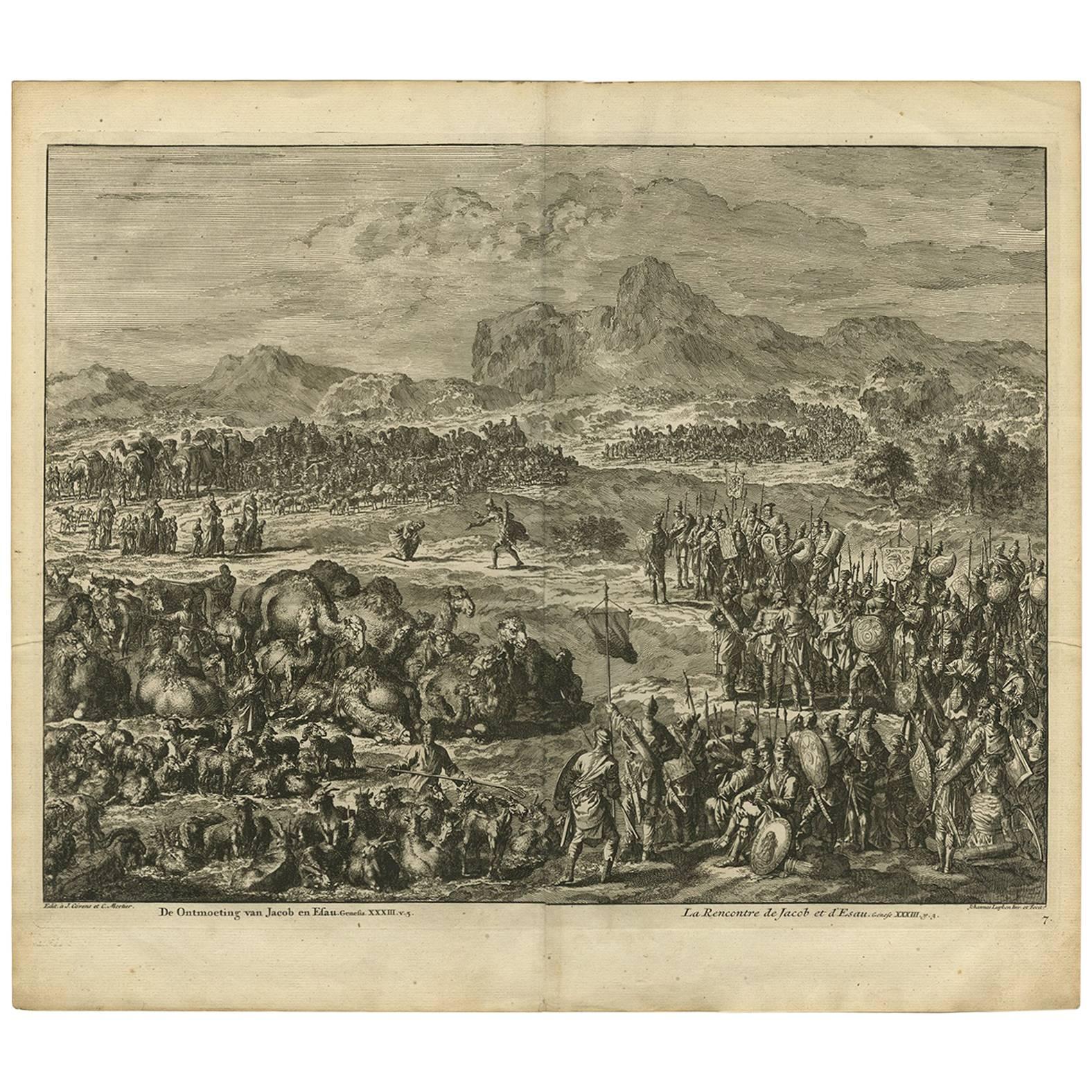 Antique Bible Print the Meeting of Jacob and Esau by J. Luyken, 1743 For Sale