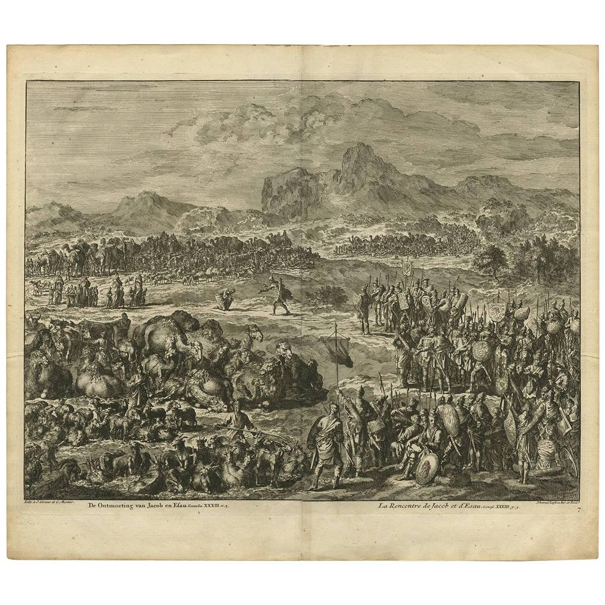 Antique Bible Print the Meeting of Jacob and Esau by J. Luyken, 1743