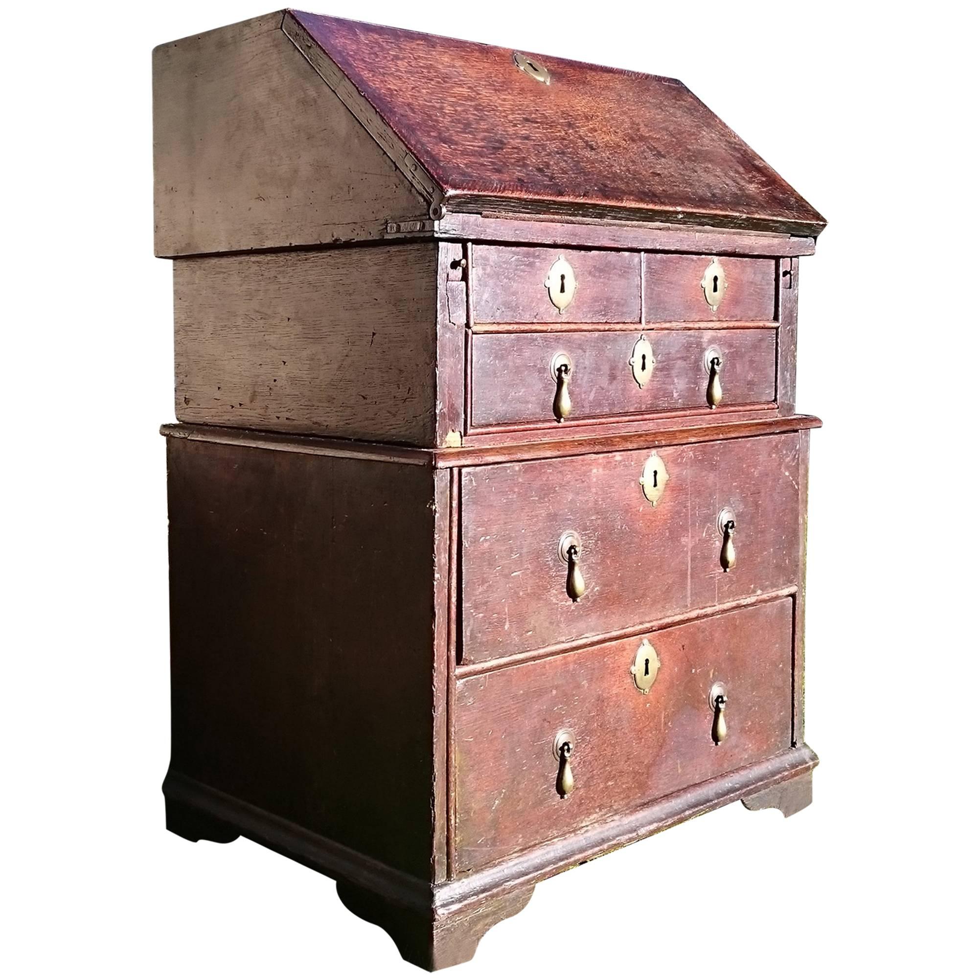 Unusually Small Early 18th Century William and Mary Period Oak Bureau For Sale