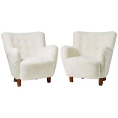 Vintage Pair of white sheep skin armchairs, Anonymous, Denmark, 1940s