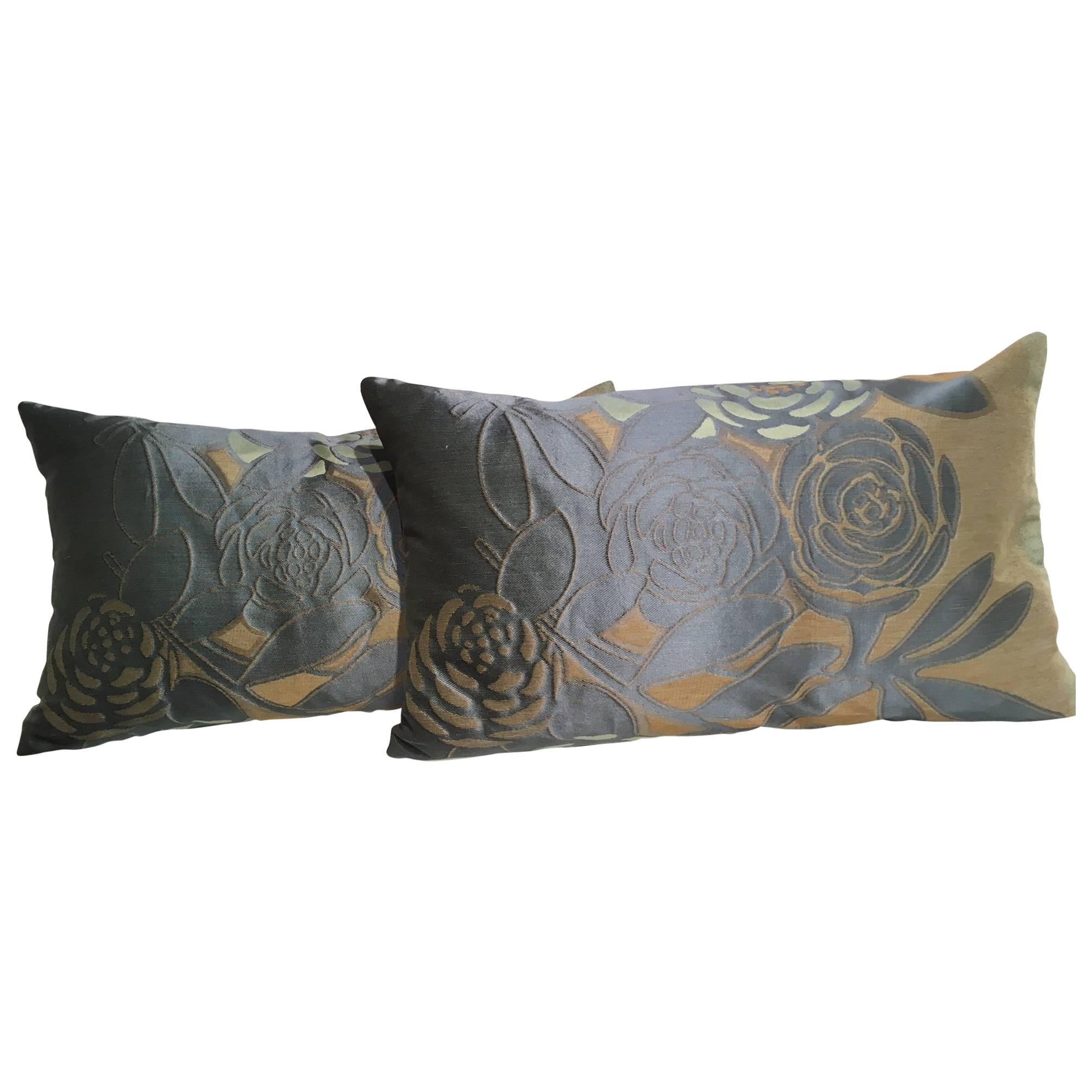 Silk Cushions Modern Floral Pattern Colour Teal, Ice Green and Beige