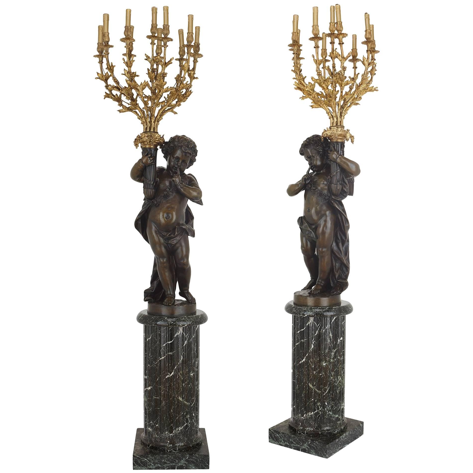 Pair of Monumental French Antique Marble and Bronze Candelabra Torcheres For Sale