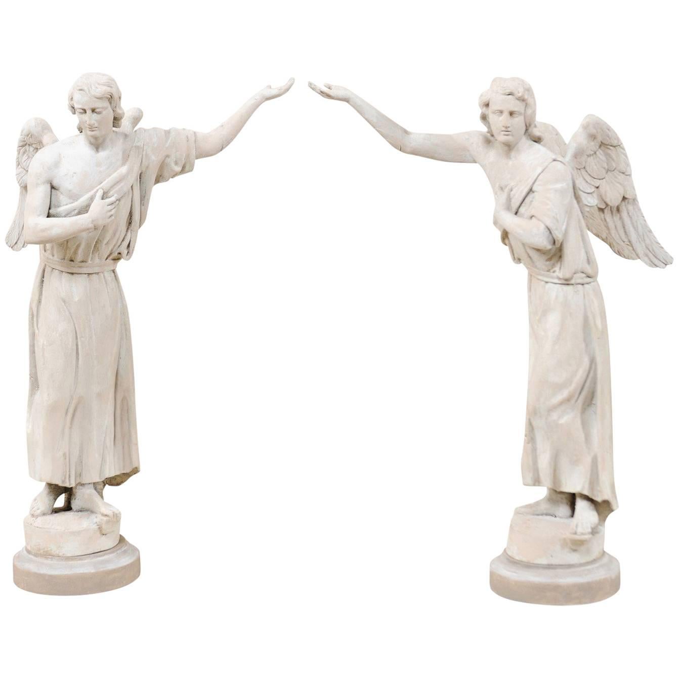Pair of French 19th Century Hand Carved Wood Angelic Statues in Light Grey