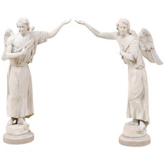 Antique Pair of French 19th Century Hand Carved Wood Angelic Statues in Light Grey