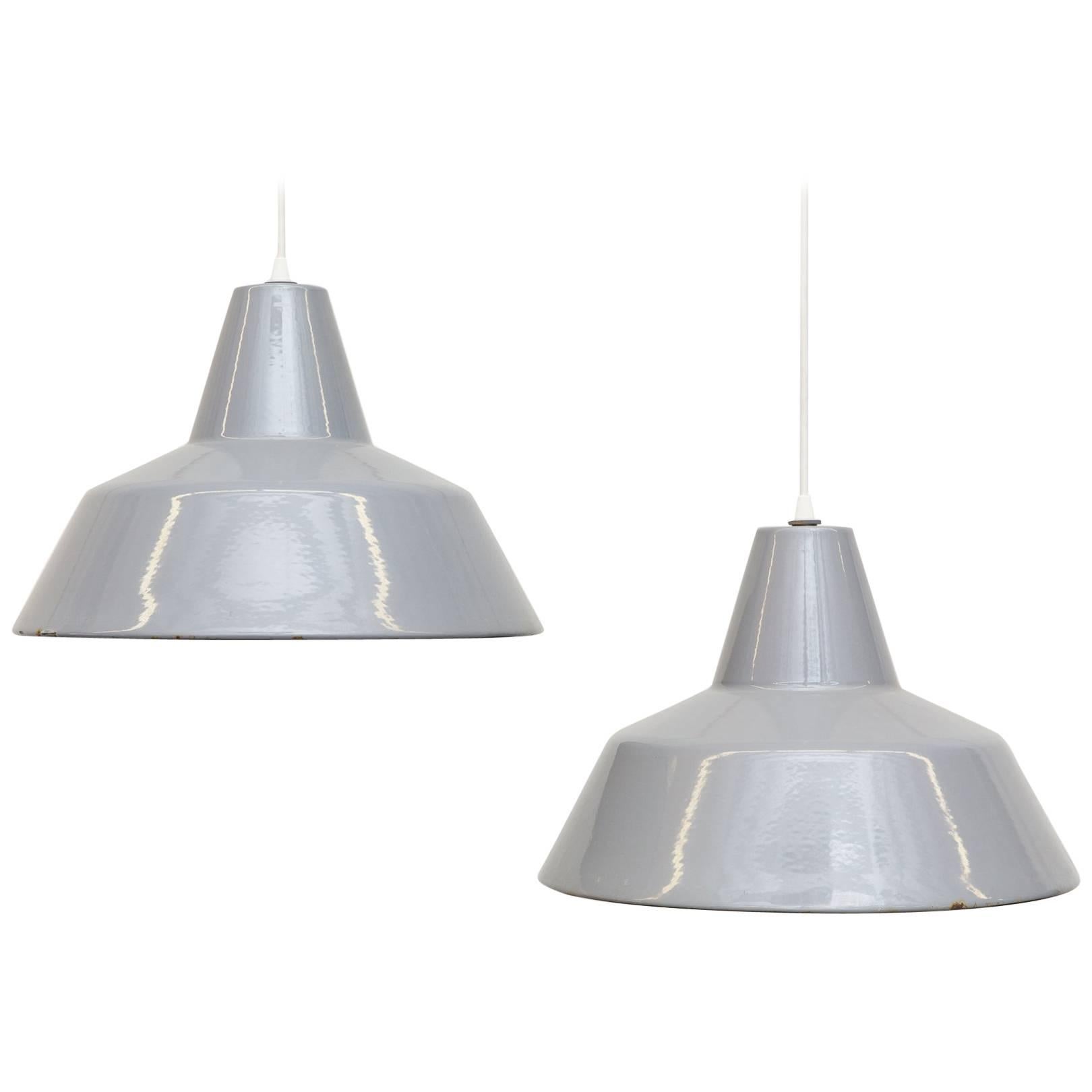 Louis Poulsen style Mid-Century Grey Enameled Metal Factory Pendant Lamps For Sale