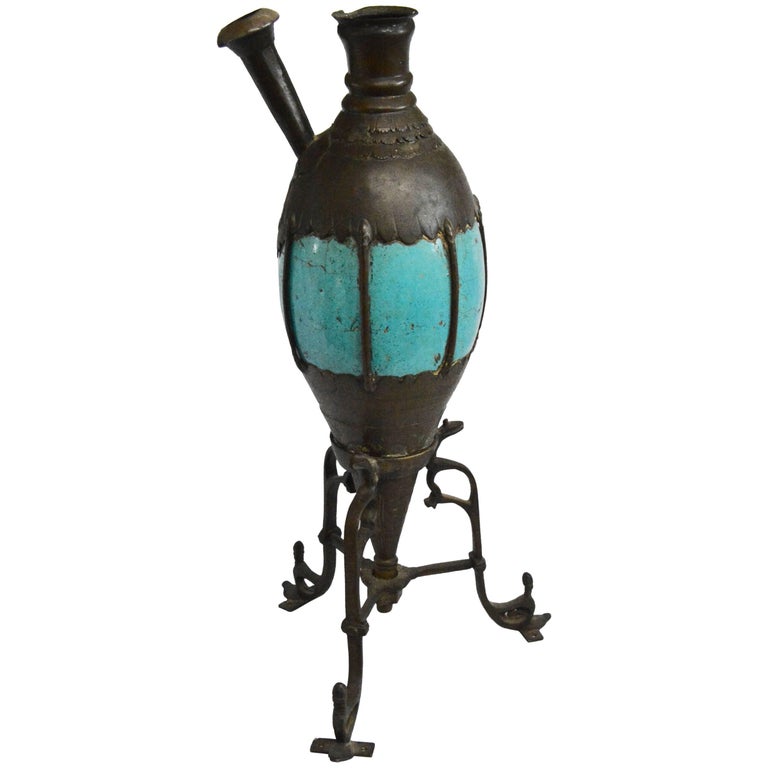 Antique Bronze and Turquoise Ceramic Hookah Pipe For Sale at 1stdibs