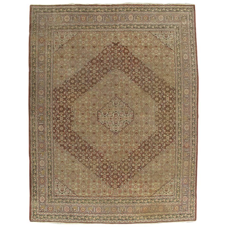 Antique Tabriz Carpet, Handmade Persian Rug in Masculine Gold, Brown and Taupe For Sale