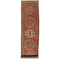 Antique Heriz Northwest Persian Runner, Handmade Rug Navy Light Blue, Rust Ivory 12