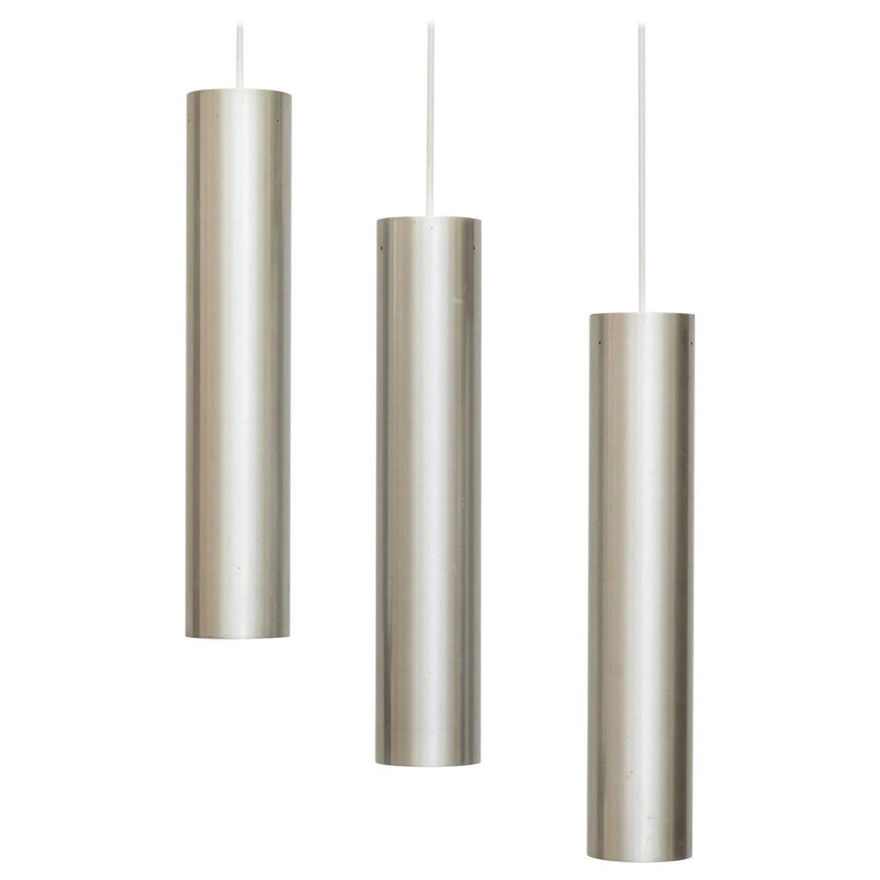 Set of Three 1960s RAAK Brushed Aluminum Tubular Pendant Lights, 1960s