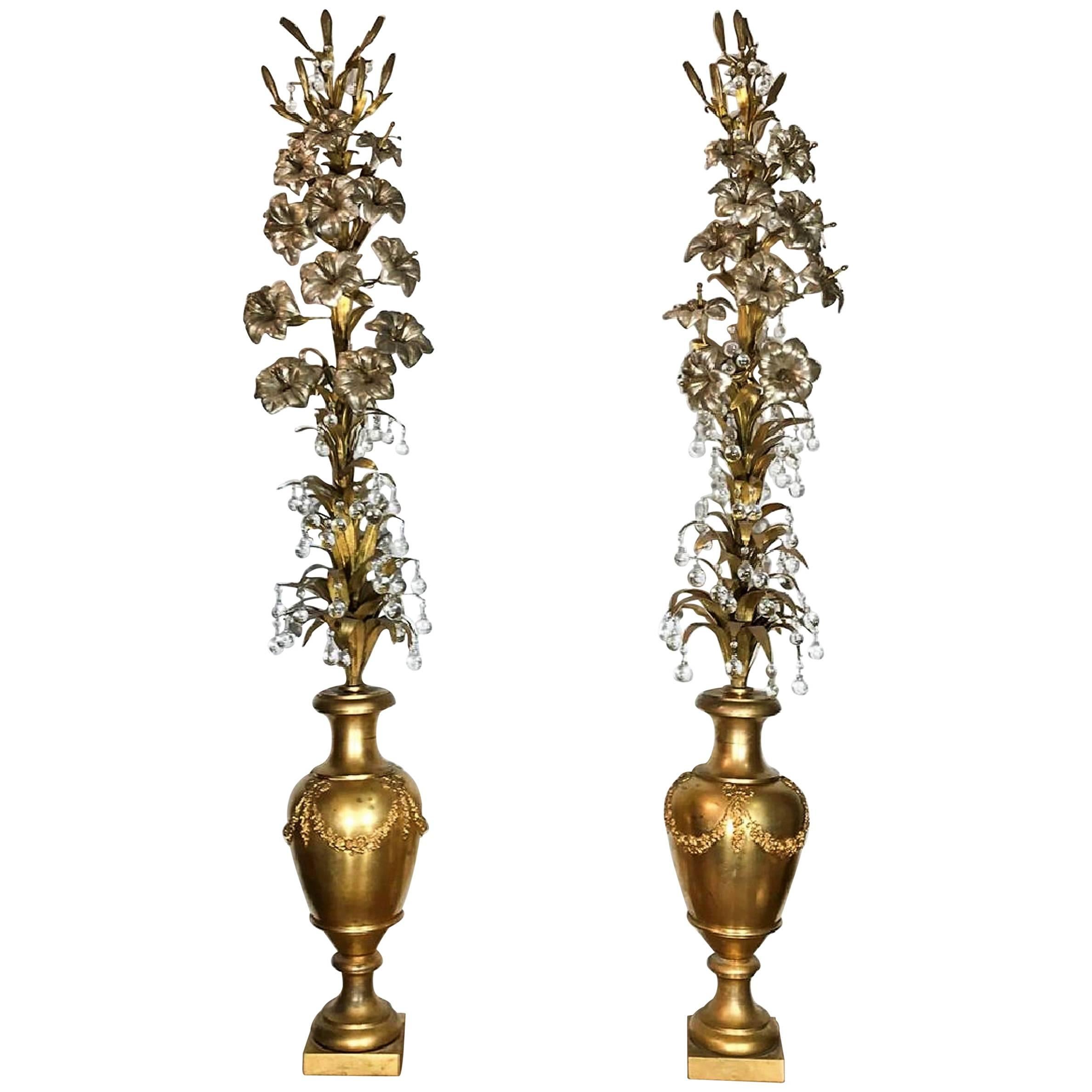 Antique Pair of French Bronze Doré and Silver Gilt Floral Arrangements