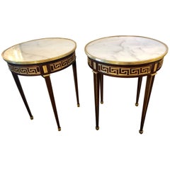 Pair of Greek Key Design Bronze Galleried Marble-Top Mahogany Bouillotte Tables