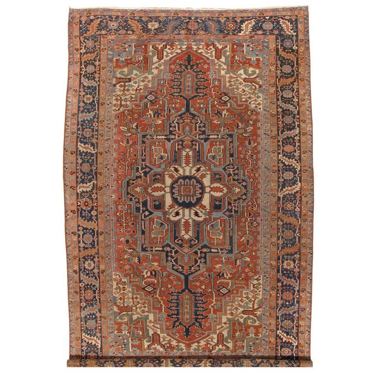 Antique Heriz Northwest Persian Runner, Handmade Rug Navy Light Blue, Rust Ivory at 1stdibs