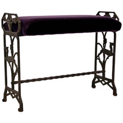 Art Deco Wrought Iron Bench Seat Purple Velvet Gothic Revival Style