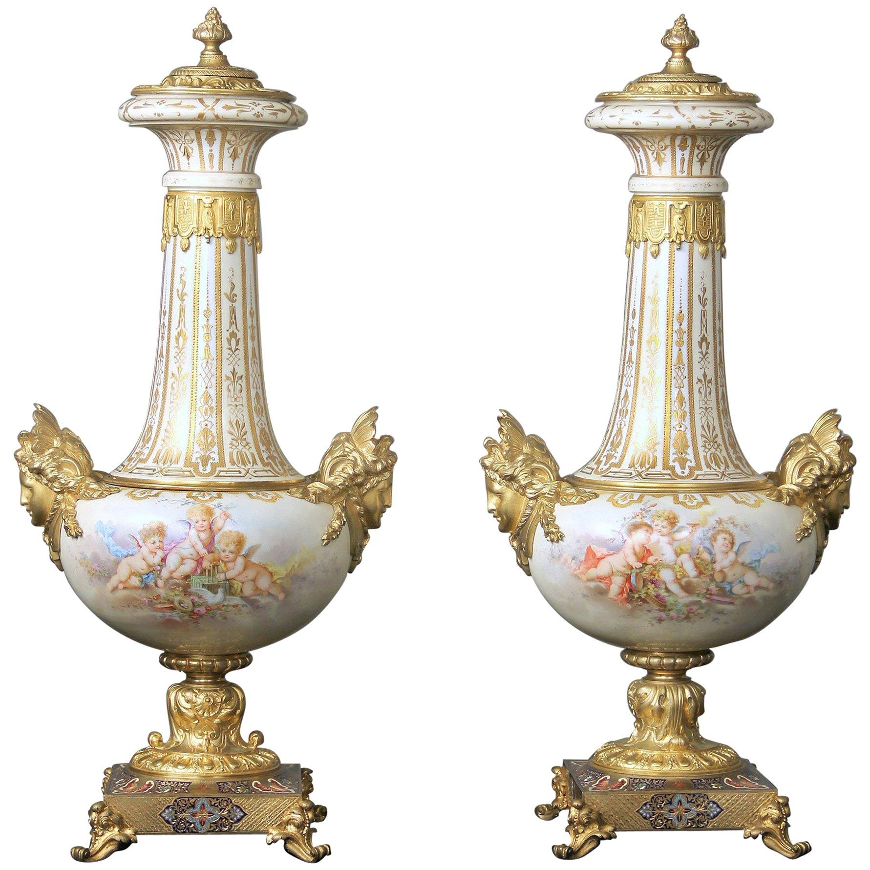 Beautiful Pair of Late 19th Century Gilt Bronze, Enamel and Sèvres Style Vases