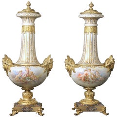 Beautiful Pair of Late 19th Century Gilt Bronze, Enamel and Sèvres Style Vases