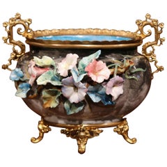 19th Century French Hand-Painted Barbotine Flower Jardinière with Bronze Mounts