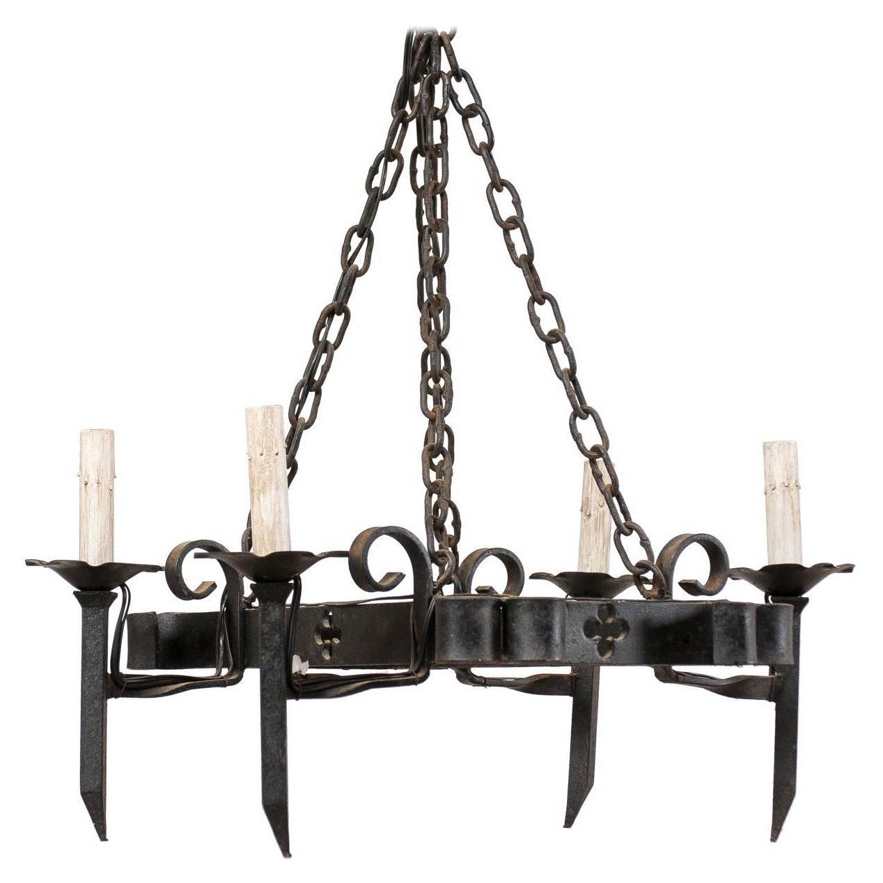 Forged Iron Vintage French Chandelier with Pierced Clover Motif Pattern