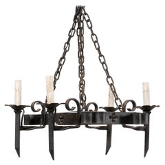 Forged Iron Vintage French Chandelier with Pierced Clover Motif Pattern