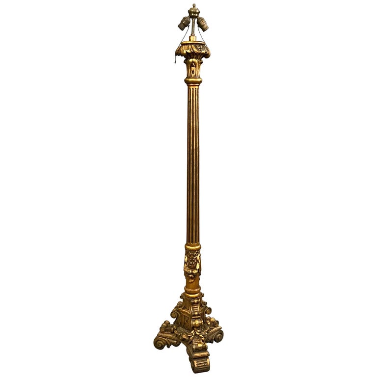 Tall Ornate Carved Gilt Composite Floor Lamp For Sale at 1stDibs