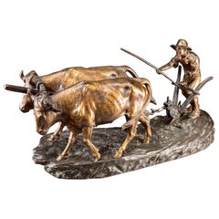 Antique Edouard Drouot Bronze of Farmer and Bulls Plowing the Field