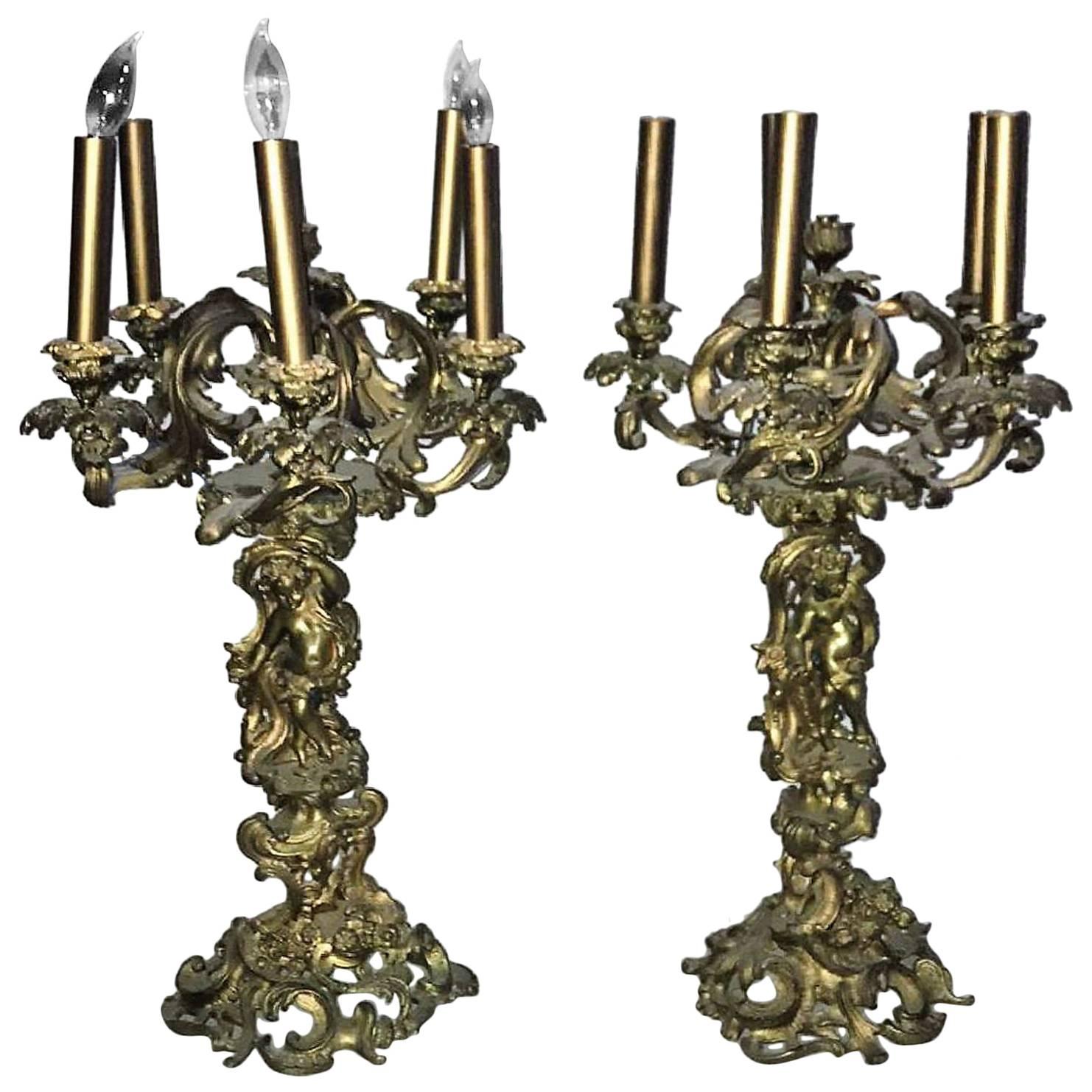 Antique Pair of French Rococo Style Bronze Cherub Candelabra