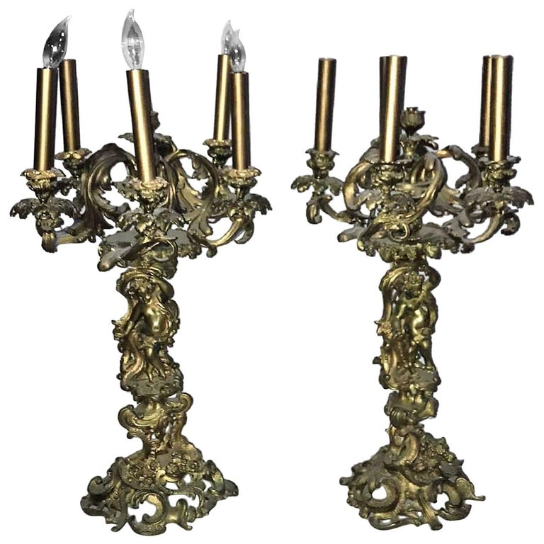 Antique Pair of French Rococo Style Bronze Cherub Candelabra For Sale