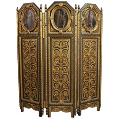 Antique Italian Three-Panel Gilt Screen with Three Paintings by Marshall Cutler