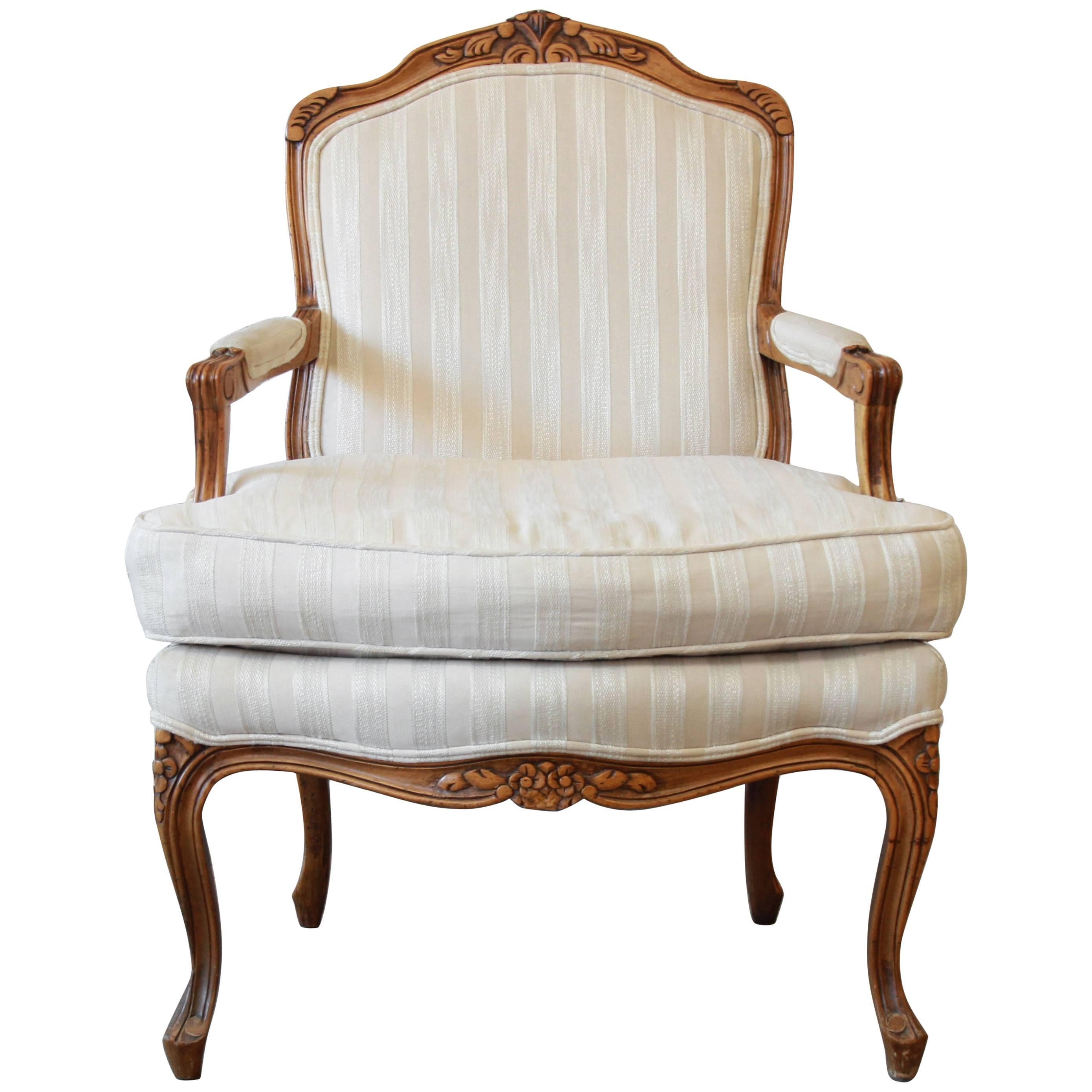 Baker Furniture Louis XVI Carved Ivory Upholstered Armchair