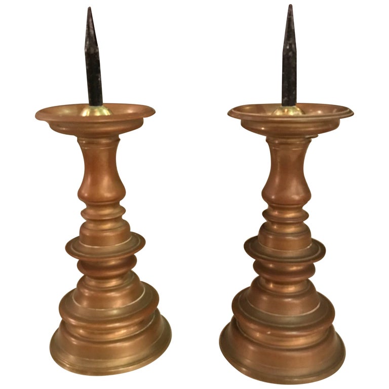 Pair of MaitlandSmith Footed Pricket Candlesticks with Cast Brass