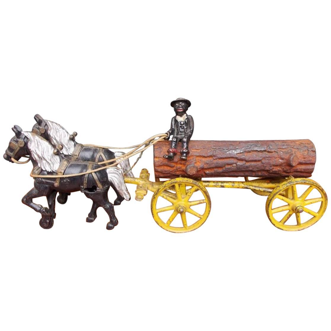 American Cast Iron Polychromed Horse and Log Wagon Pull Toy, Kenton Toy C. 1894